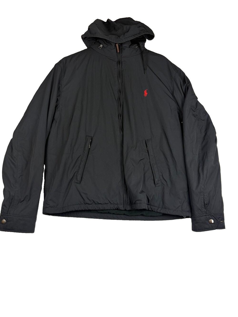 Polo Ralph Lauren Jacket Men’s L Black Fleece Lined Hooded Full Zip Red Pony